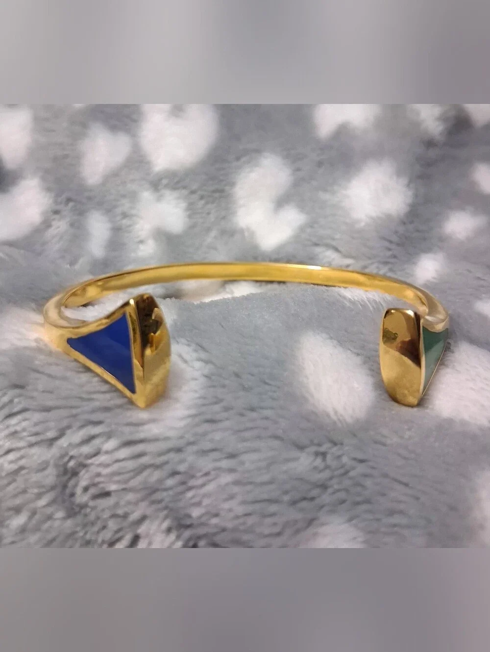 Gold Tone Open Cuff Bracelet with Blue and Green Accents